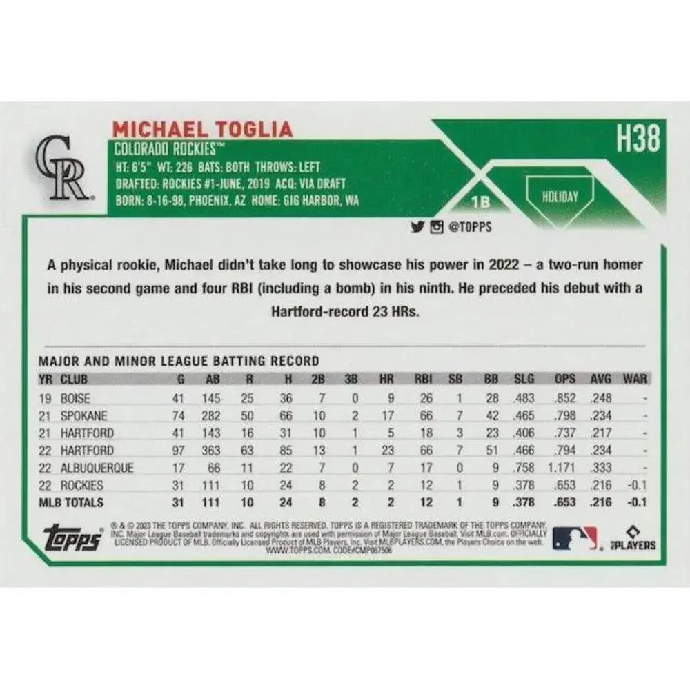 2023 Topps Holiday Michael Toglia RC H38 Colorado Rockies